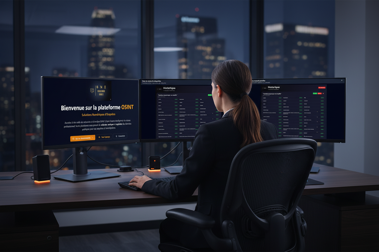 Bannière OSINT - Bureau professionnel avec deux écrans